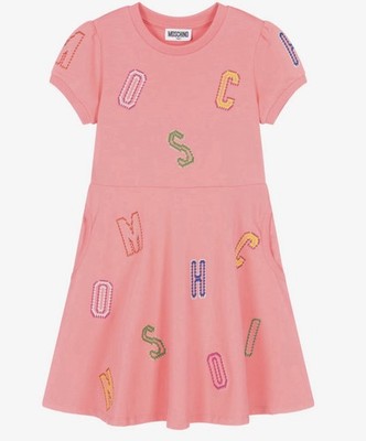 Moschino Kids Sz 6 Girls Pink Dress w/ Crochet  Logo Embroidery Letters