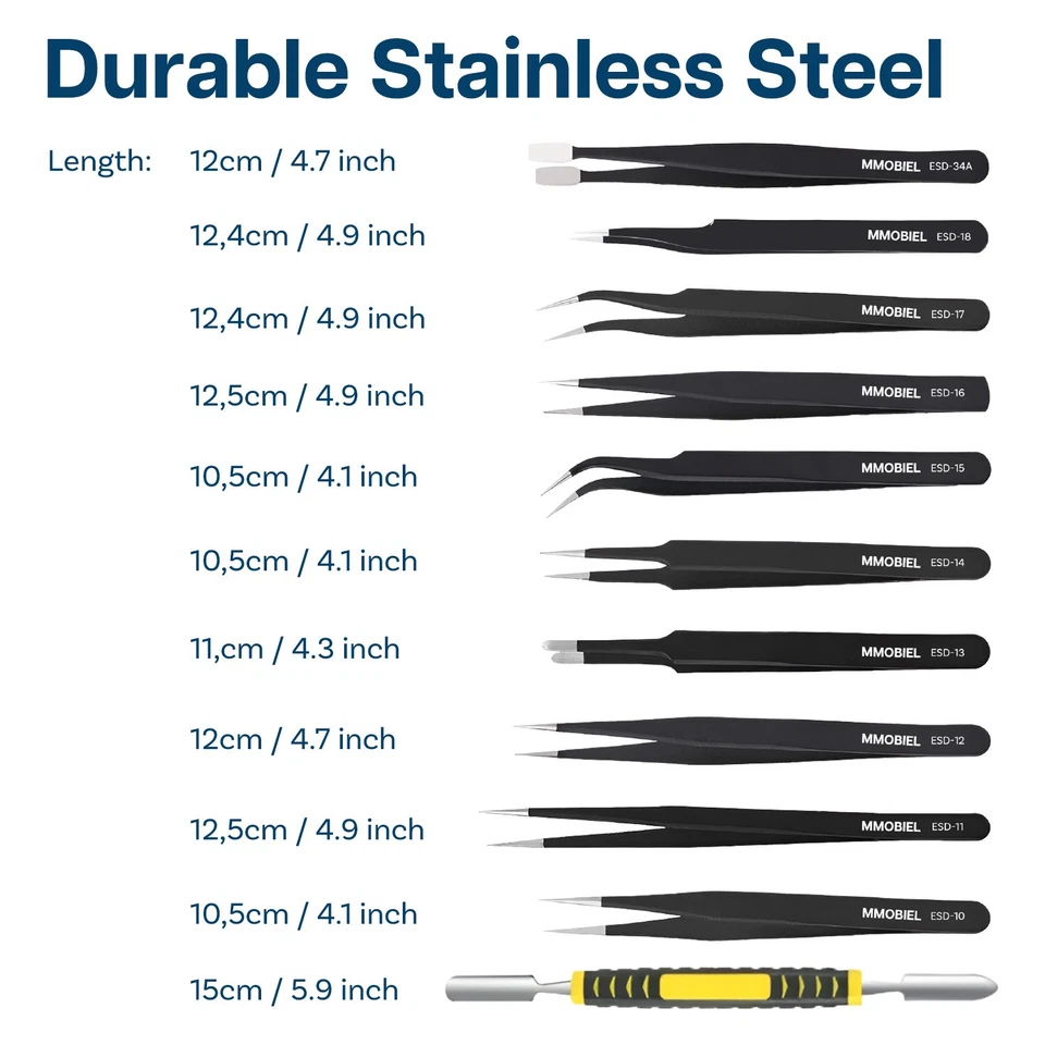 Precision Tweezers Set  [11 Pieces] Industrial Anti-Static Stainless Steel - Image 2 of 4