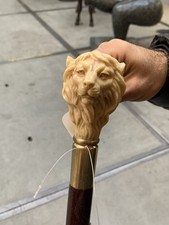 Lion Head Walking Stick Cane Design Wood RESIN Handle Gift Decor Rare Vintage
