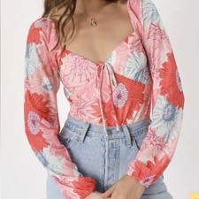 NWOT Lulus Vibrant Occasion Pink Floral Mesh Tie-Back Bodysuit Long Sleeve S