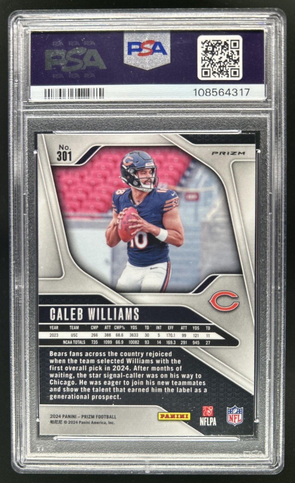 2024 Panini Prizm Caleb Williams Lazer Rookie RC #301 Bears PSA 10 GEM MINT view 2