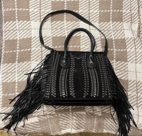 Balmain Black Suede Shoulder Bag with Fringe - Picture 1 of 5