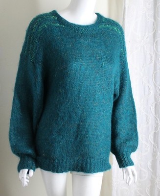 Estate Sz M 39'' Bust Luscious Green Mohair Fluffy Crewneck Hand Knit Sweater