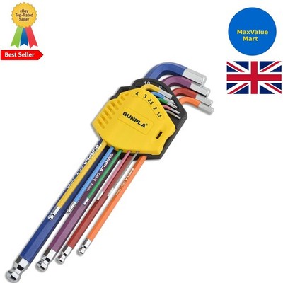 Kugelkopf-Inbus-Sechskantschlüssel-Satz extra langer Arm 9-teilig, 1,5-10 mm, farbcodierte Kugel...