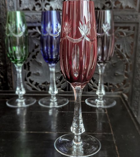 Vtg Ajka Rene Ruby Red Cut Clear Bohemian Crystal Champagne Flute Stemware Glass