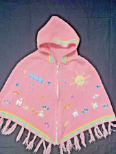 Vtg Toddler Girl Pink Knit Hooded Poncho Cape Shawl Sweater Easter Spring