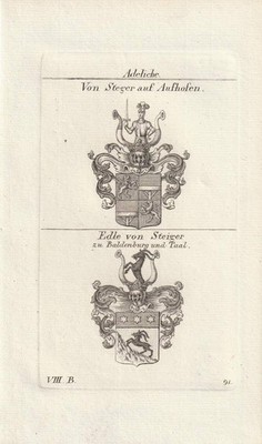 c1820 von Steger / Edle von Steiger * Adel Heraldik Kupferstich mit 2 Wappen
