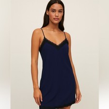 Express Y2K Indigo Lace Trim Intimate Style Slip Mini Dress, XS