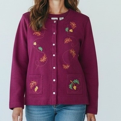 Vtg Classic Elements Burgundy Fall Acorn Leaf Cardigan Sweatshirt Medium