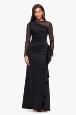 New Xscape Evenings LYRA Mesh Long Sleeve Ruffled Scuba Gown In Black Sz 8P 259