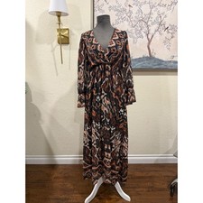 LaMiar Italy Brown Ikat Print V-Neck Maxi Dress Long Sleeve Empire Waist 31569