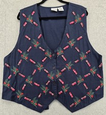 Vtg Bobbie Brooks Christmas Vest Womens 18/20W Blue Embroidered Holly Ribbon Mom