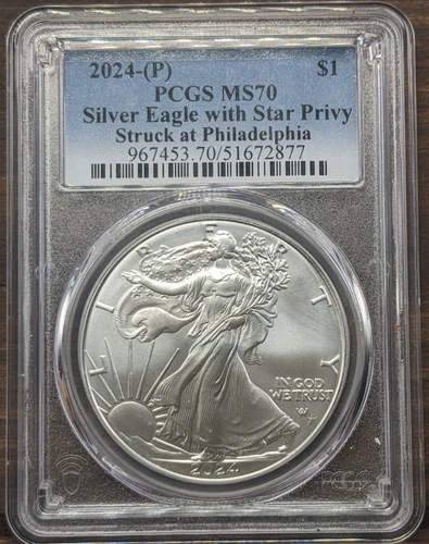 2024 Silver Eagle PCGS MS70 Star Privy Struck at Philadelphia