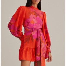 FARM RIO Satin Long Sleeve Mini Dress Peony Red Sz S $255 {KK39}