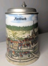VTG German Porcelain Beer Stein Ansbach Cityscape with Pewter Lid Personalized