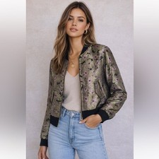 NKN Nekane Chaqueta Bomber Floral Verde Negro Metálico Púrpura Recortada Boho Pequeña