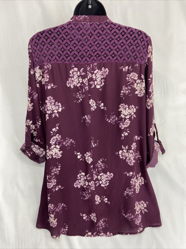 Women's Size L Jolt Floral Blouse Crochet Lace Trim 3/4 Length Sleeve Floral - Picture 2 of 10