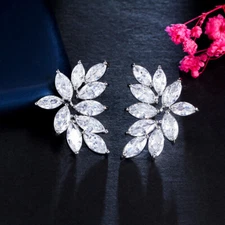 Stunning White Leaf Shaped Cluster Stud Earrings Silver Plated Cubic Zircon Gift