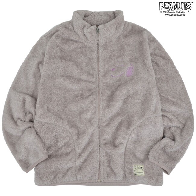 Peanuts Snoopy Boa Jacket Full Zip Fluffy White Gray Khaki