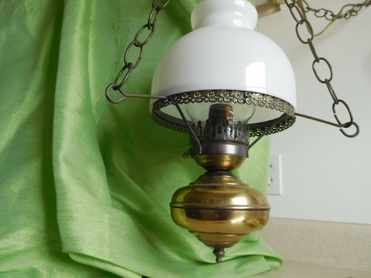Country small brass HURRICANE SWAG LAMP White MILK Glass SHADE