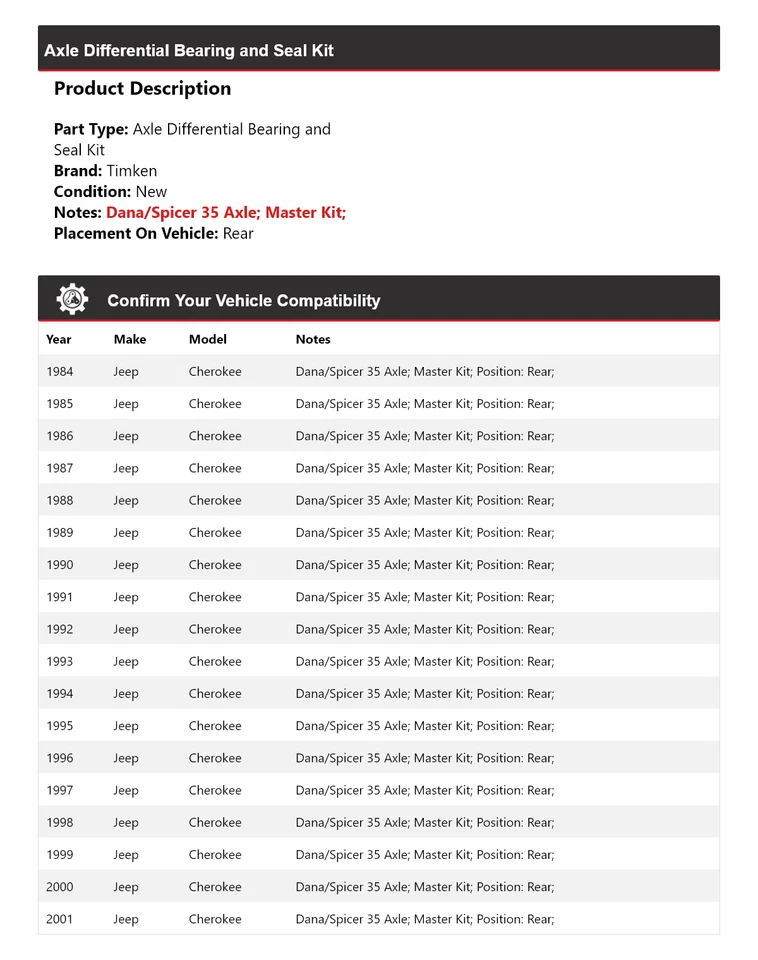 Kit de cojinete y sello diferencial de eje trasero Timken para Jeep Cherokee 1984-2001 Foto 2 de 3
