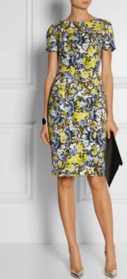 Erdem Luxury Royal Style Blue And Yelow Floral Print Casual Dress, Size-US4/UK 8