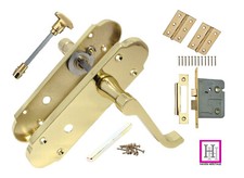 Stylish Bathroom Scroll Door Handles Brass Finish inc Bath Lock & Hinges