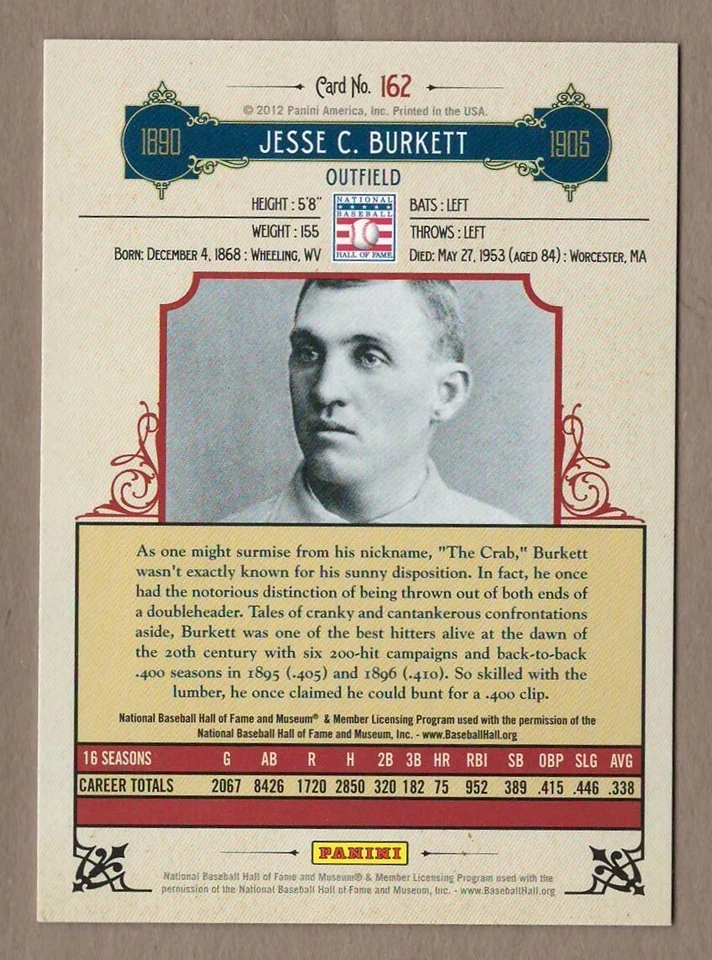 Juego base Jesse Burkett 2012 Panini Cooperstown SP #162 impresión corta arañas patio Foto 2 de 2