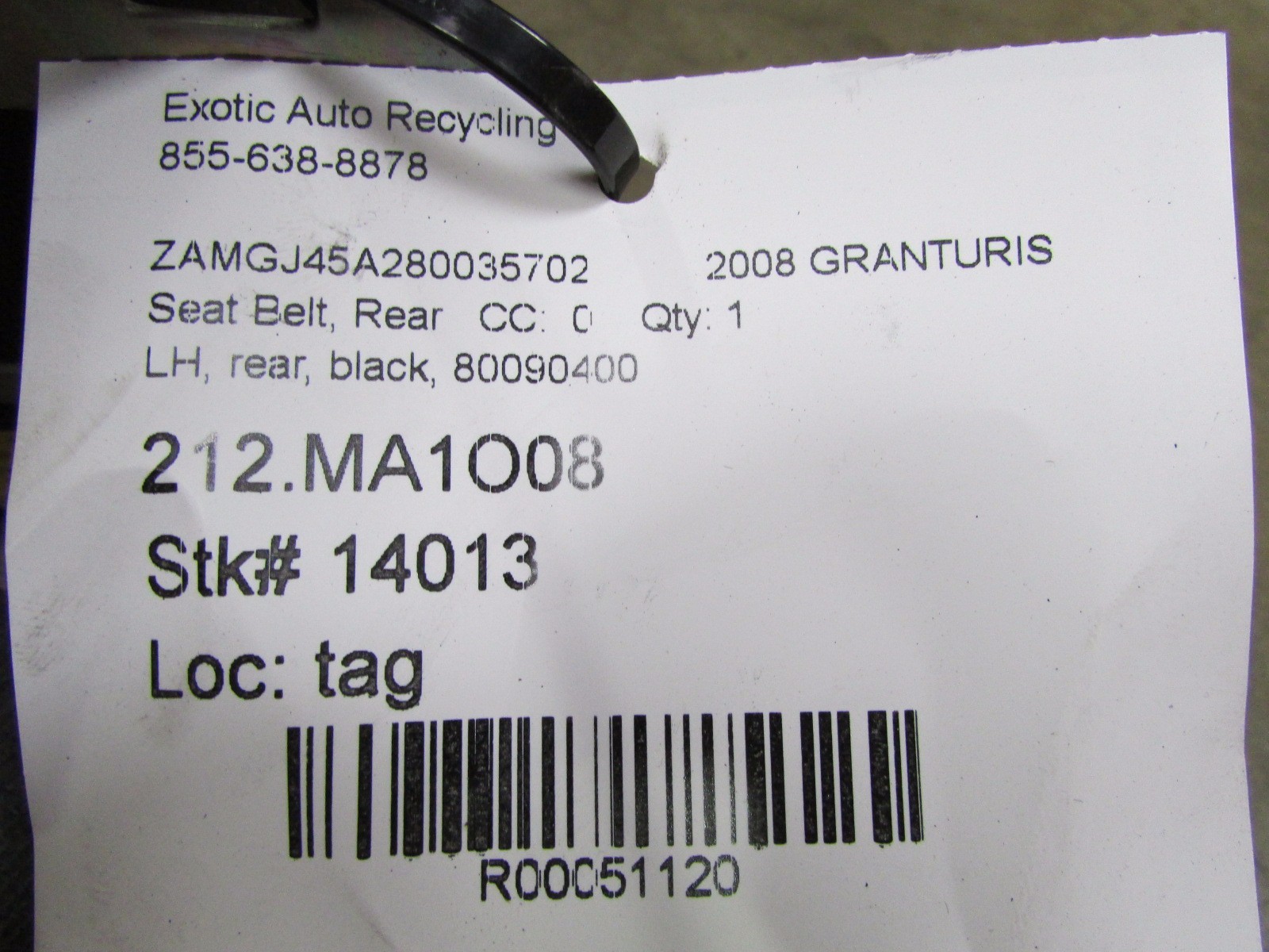 Maserati Granturismo, LH, Leftt Rear Seat Belt, Black, Used P/N 80090400