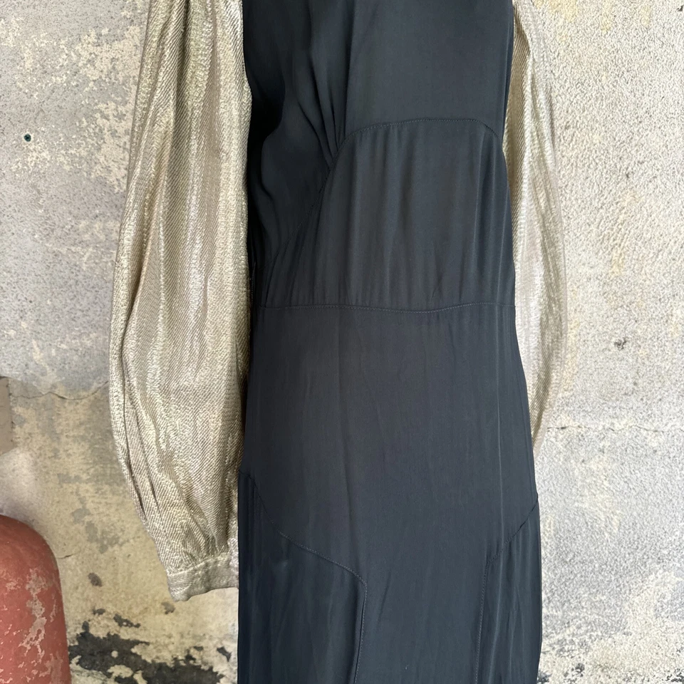 Vintage 1930s Black Silk Dress Silver Lamé Balloon Sleeves Metal Bead Accents - Image 4 of 4