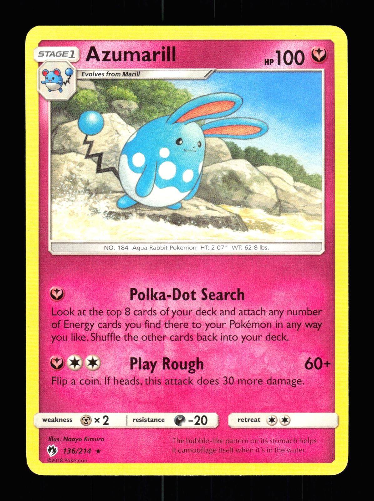 Azumarill 136/214 Rare Lost Thunder Pokemon 2018 NM Kimura