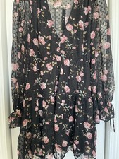 NWT Lulus Fleur-ty Girl Black Floral Print Long Sleeve Babydoll Dress Size L