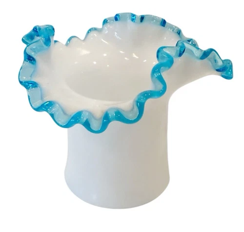 Vintage Fenton Aqua Crest Milk Glass Hat Vase Crimped Ruffled Edge Blue 1940s