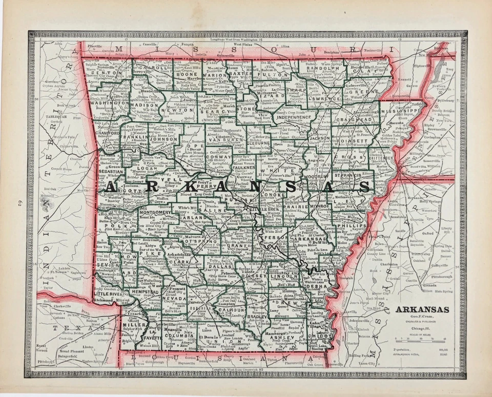 Mapa Arkansas 1883 ORIGINAL (12x9,5) Little Rock - Fort Smith - FERROCARRILES  Foto 2 de 4