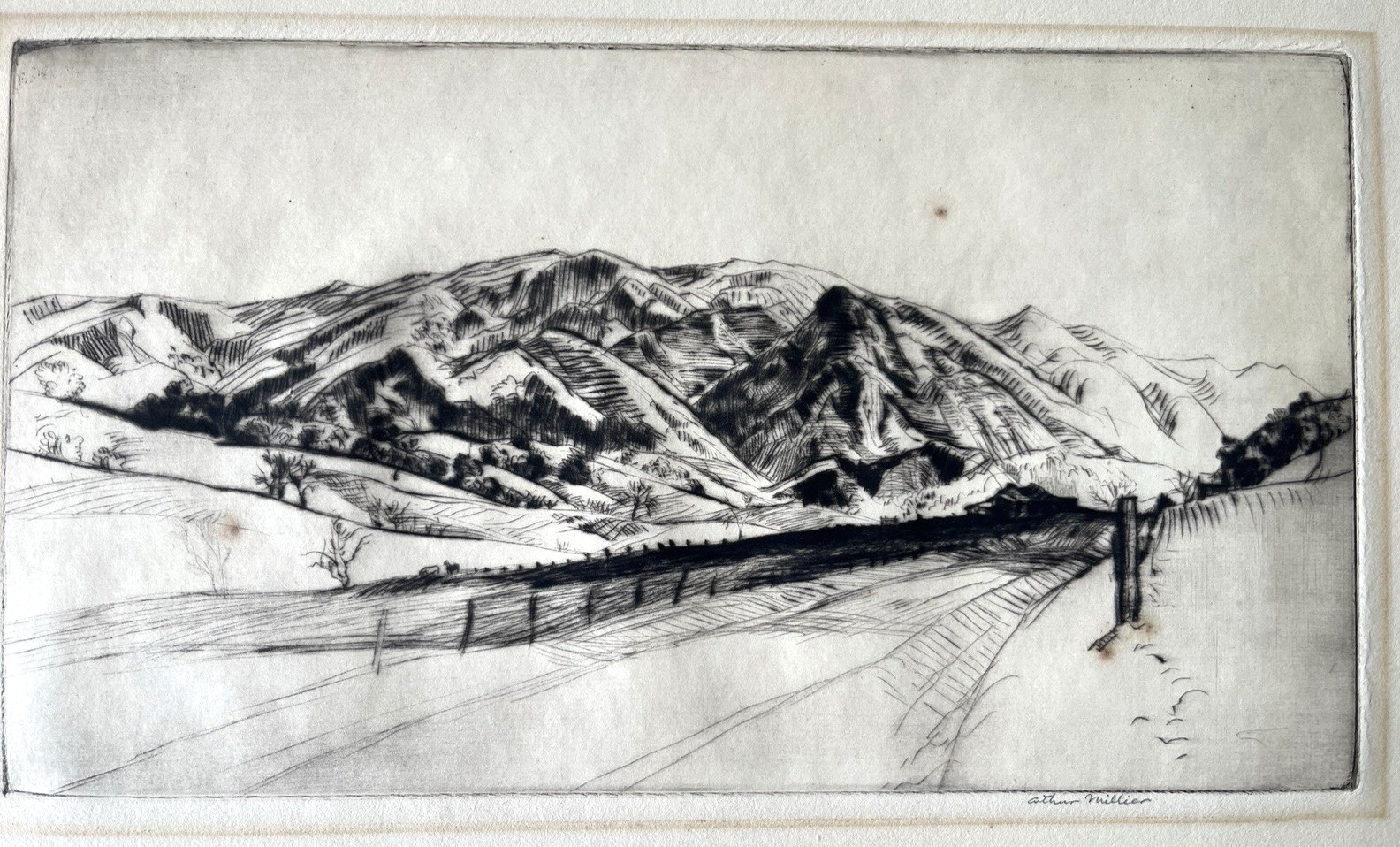 Signed Etching Mountain Landscape Road Scene Arthur Millier Deckled Edge