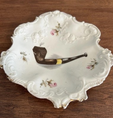 Antique Porcelain Pipe Ashtray Rococo Revival Pink Rose Trinket Dish 1910s