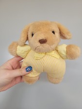 Vintage Yellow Stripey Stripe Dog Puppy Rattle Soft Toy Golden Bear 