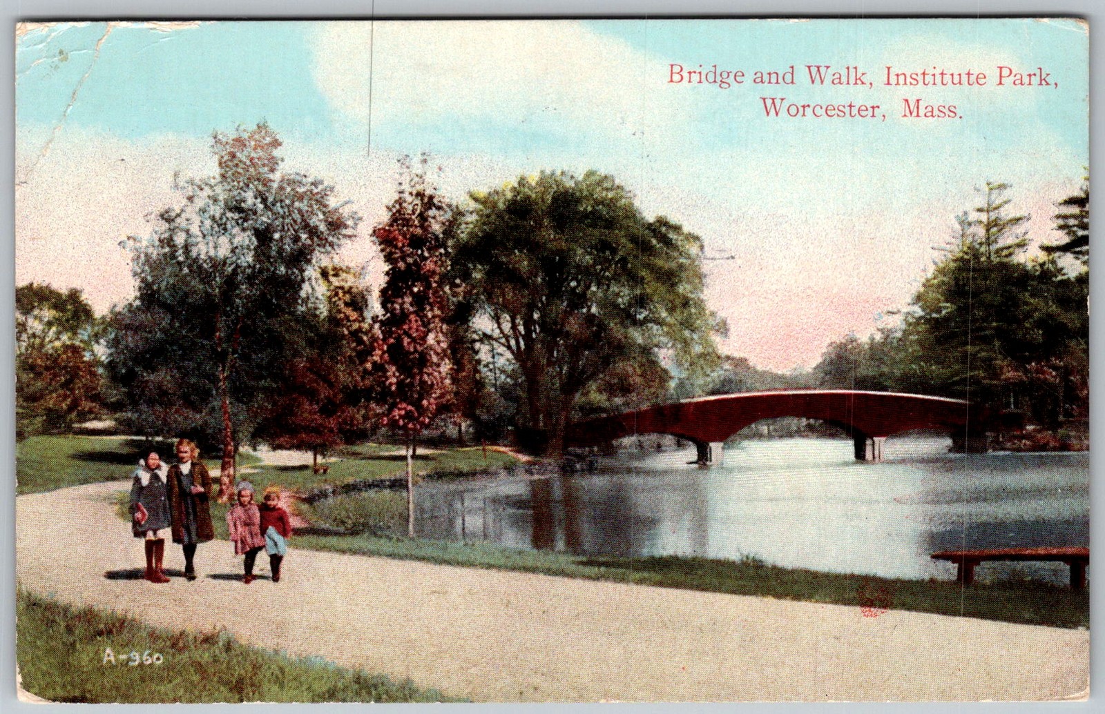 Antique Postcard Bridge and Walk Worcester, MA 1910s