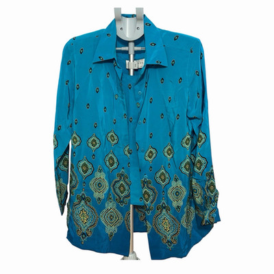 Vintage Silk Lore by Beth Terrell Blue Silk Collared Button-Up Blouse Size S