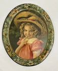 New Listing1905 Vintage Little Girl With Curls In Straw Hat, Pink Dress Metal Serving Tray