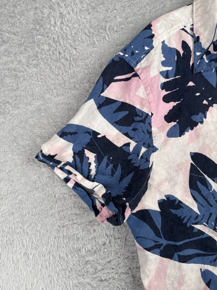 Perry Ellis Shirt Adult Large Pink Blue Floral Leaf Hawaiian Button Linen Blend - Image 3 of 4