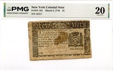 New York Colonial Note Fr#NY-191 March 5, 1776 $1 PMG VF-20