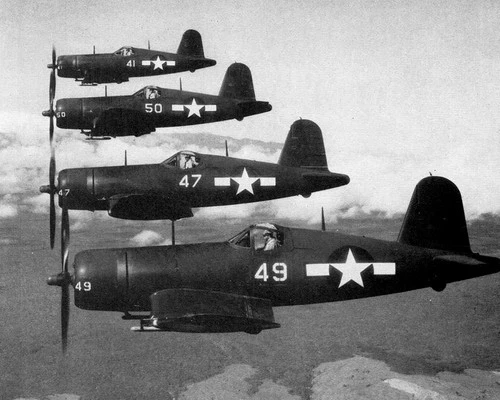 FOUR VOUGHT F4U-4 CORSAIR FIGHTERS IN FLIGHT 1945 WW2 WWII 8X10 PHOTO