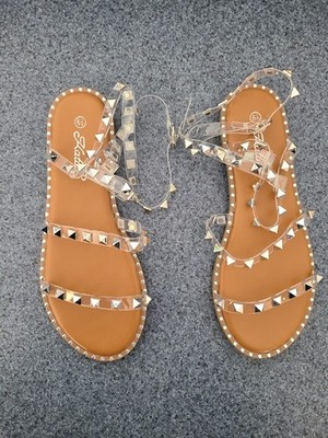 KF Katliu Strappy Studded Gladiator Sandals with Ankle Strap, Clear Size 6.5