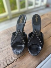 Vintage 1950s Marquise Springolator Black Suede Rhinestone Mule Heels 5 5.5