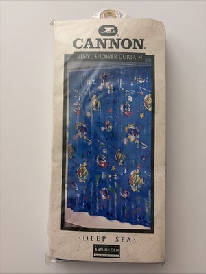 Vintage Cannon Vinyl Shower Curtain Fish Deep Sea Colorful 70x72''