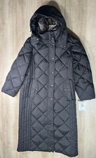 London Fog Womens Coat Black L Quilt Puffer Faux Fur Hood Diamond Jacket 345