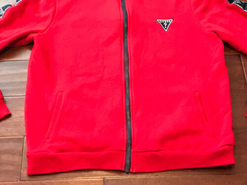 Vintage Guess Mens Red Blue White Full Zip Sleeve Logo Warm Fleece 