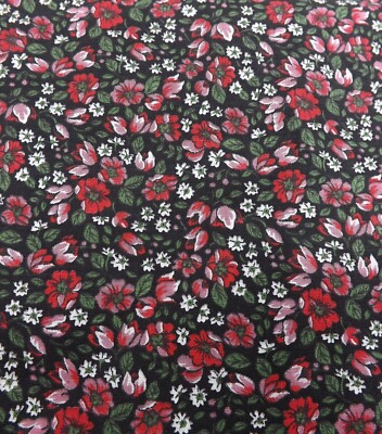 Black Background Red White Tulips Poppies Floral Flowers Fabric 1 yd
