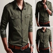 Hommes Cargo Chemise Militaire T-Shirt Habillée Poche Boutonné Chemisier Coton